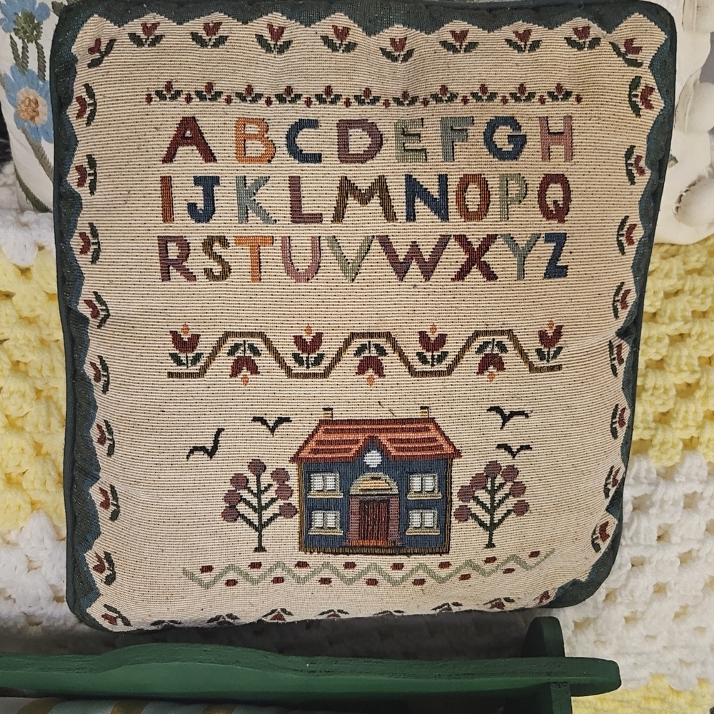 VIintage Embroidered Alphabet Sampler Pillow - House Motif
